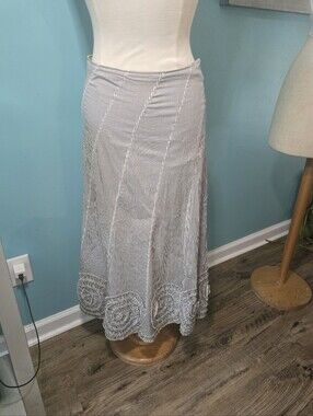 Solitaire Light Gray Striped Skirt with Artsy Spiral Embroidered Trim
